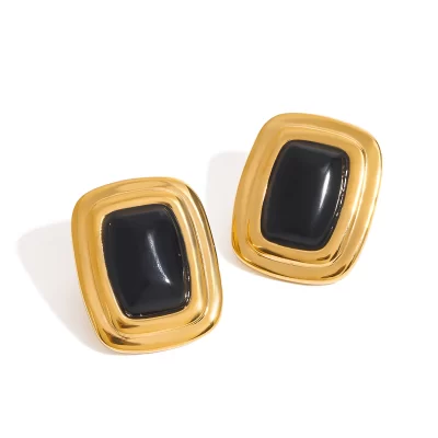 ?18k Gold Stainless Steel Black Onyx Marquise Cut Earrings French Vintage Style Pair