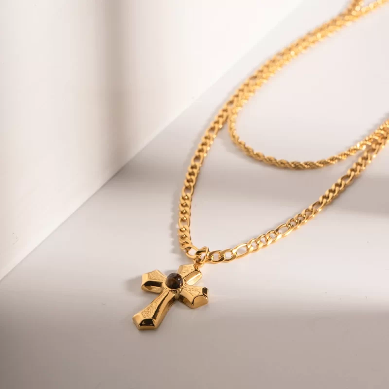J&D Waterproof 18k Gold Plated Stainless Steel Jewelry Gift Charm Cross Texture Layered Hammer Pendant Necklace for Women