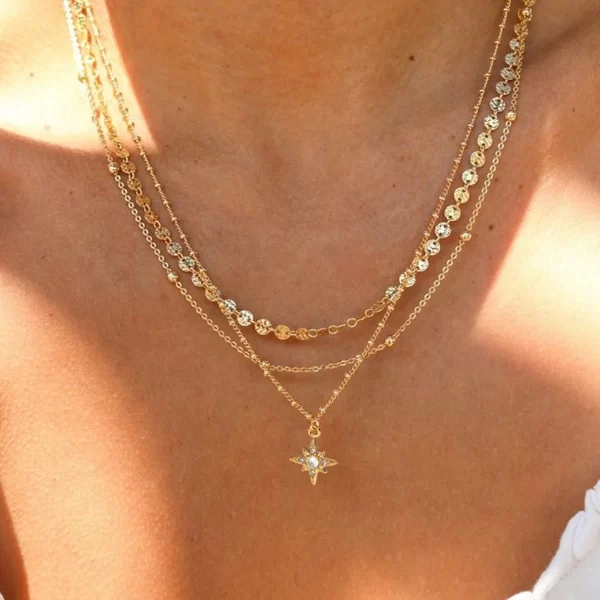 Youthway Rhinestone Star Layered Chain Pendant Necklace Women Stainless Steel Golden Metalic Waterproof Texture Necklace Jewelry - Image 2