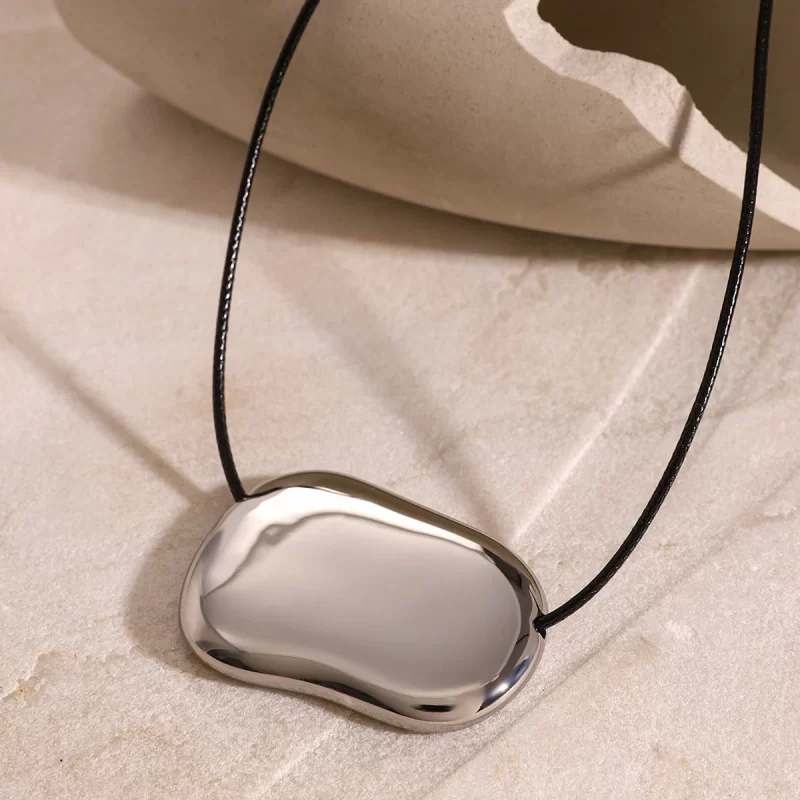 J&D Steel Color Stainless Steel Irregular Large Smooth Pendant Black Cord Necklace Bold Statement 65cm