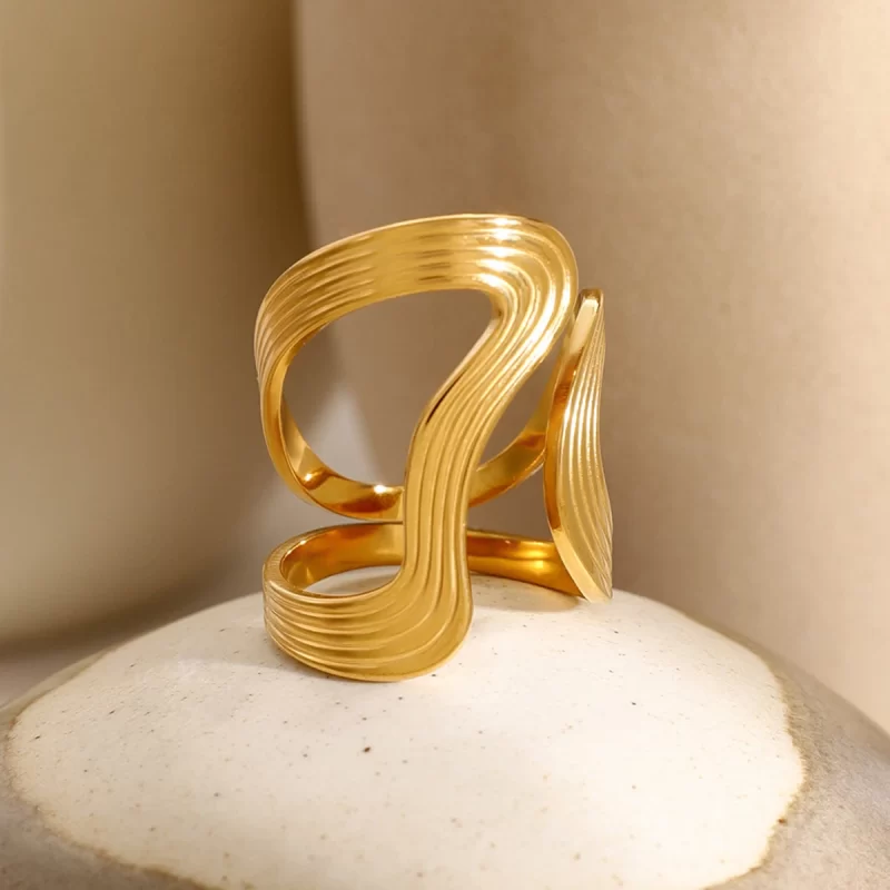 18k Gold Stainless Steel Polished Line Abstract Open Ring Modern Jewelry - Image 3