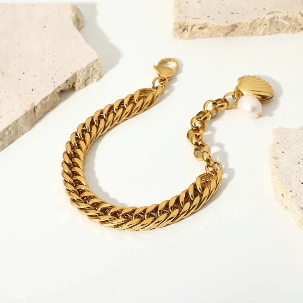 18K Gold Plated Stainless Steel Shell Freshwater Pearl Bracelets For Women Men Double Cuban Chain Chunky Bracelets Party Jewelry - Image 4
