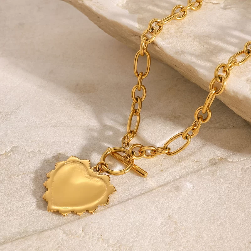 J&D 18k Gold Stainless Steel Ribbed Heart White Rhinestone Letter LOVE Pendant Necklace Romantic Gift 49cm - Image 3