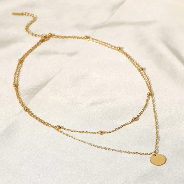18K Gold Plated Double Layers Stainless Steel Mini Bead Chain Disc Charm Necklace for Girls - Image 5