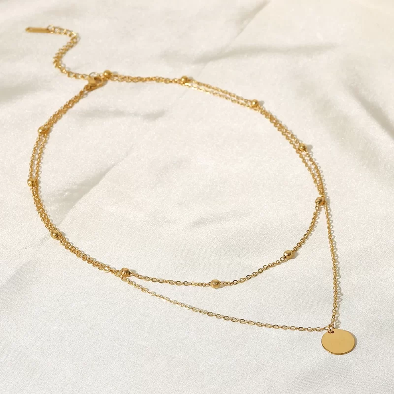 18K Gold Plated Double Layers Stainless Steel Mini Bead Chain Disc Charm Necklace for Girls - Image 5