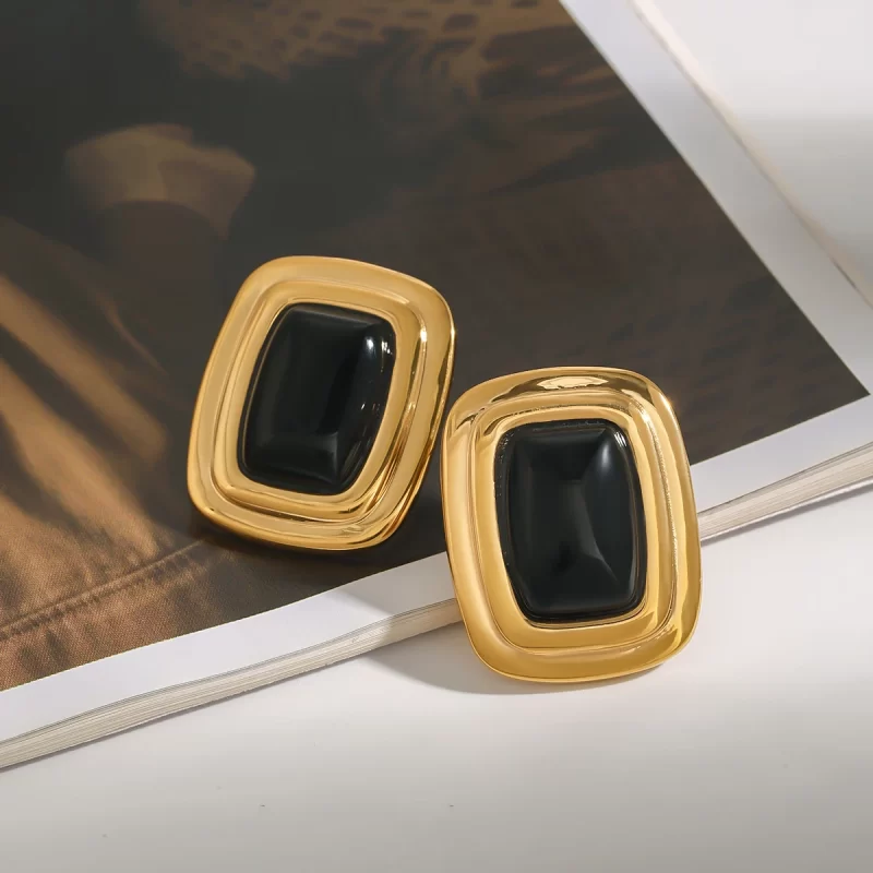 ?18k Gold Stainless Steel Black Onyx Marquise Cut Earrings French Vintage Style Pair - Image 4