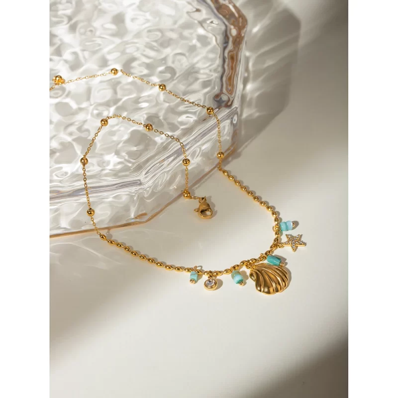 J&D 18K Gold Plated Stainless Steel Crystal Amazonite Shell Star Crystal Inlaid Blue Pendant Necklace, 40+5cm