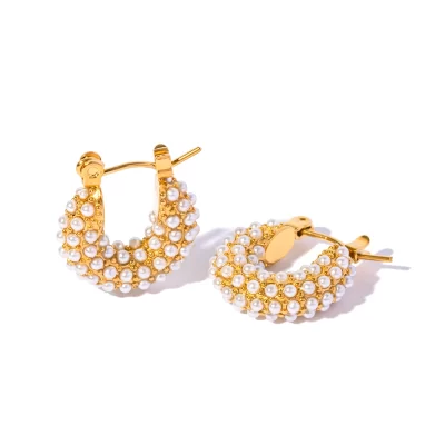 18k Gold Plated Stainless Steel Cubic Zirconia Jewelry Classic Hammered Shape Pearl Hoop Earrings for Girls