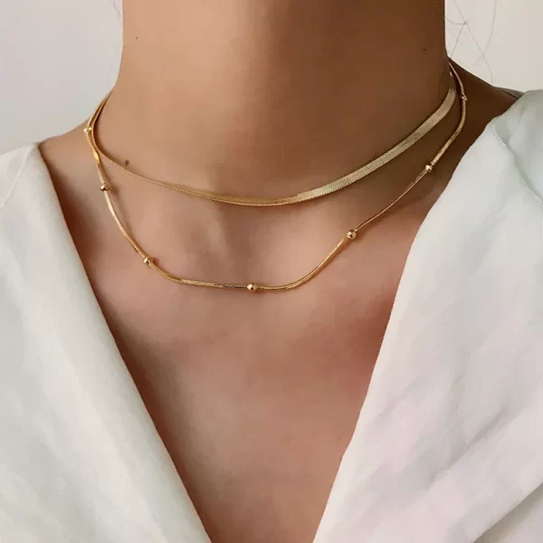 J&D New Stainless Steel 14K Gold Plated Chain Double Layer Round Beads Necklace Fashion Women Jewelry - Image 2