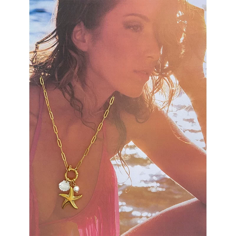 J&D Ocean 18K Real Gold Plated Stainless Steel Necklace with Trendy Starfish Shell Charm DIY Link Chain for Anniversary Vacation - Image 2
