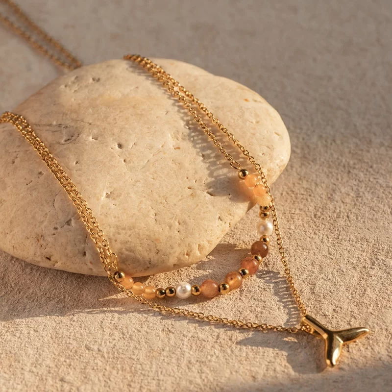Natural Golden Stone Beaded Pendant Necklace 18K PVD Gold Plated Stainless Steel Double Fishtail Necklace for Women - Image 5
