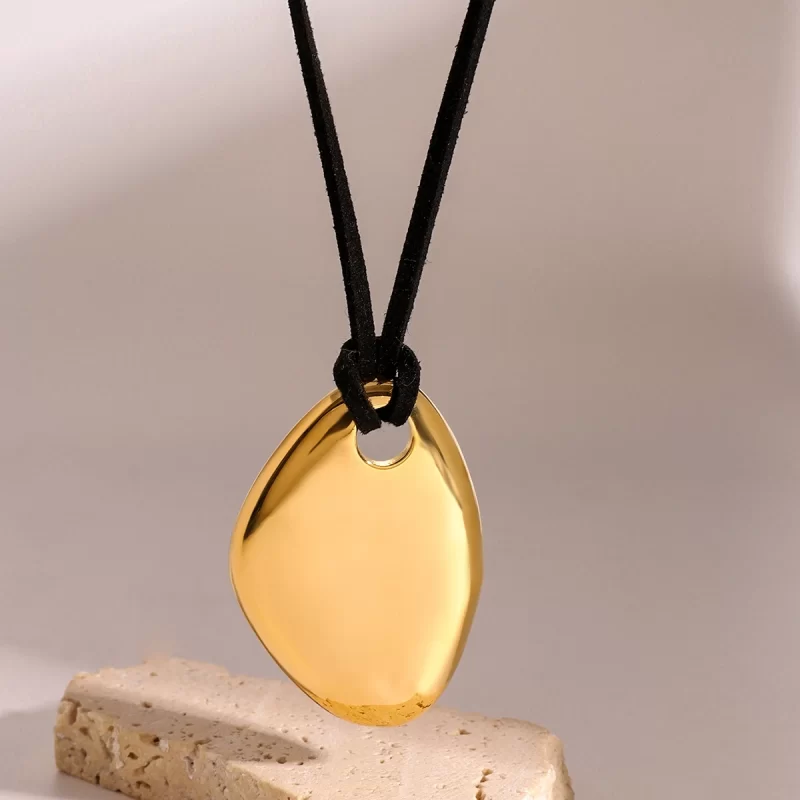 J&D 18k Stainless Steel Modern Irregular Smooth Pendant Fashion Necklace Black Wax Rope 70cm