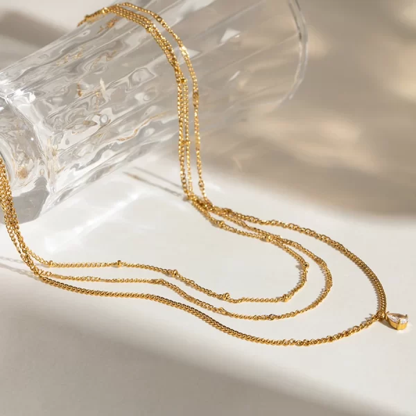 Youthway Statement Fashion Gold Plated Stainless Steel White Zircon Pendant Multi-layer Chain Necklace Waterproof Lady Jewelry - Image 4