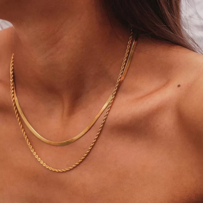 J&D Jewelry Waterproof 18K PVD Gold Plating Also Silver Colorway Two Layers Rope Flat Snake Chain Necklace - Image 2