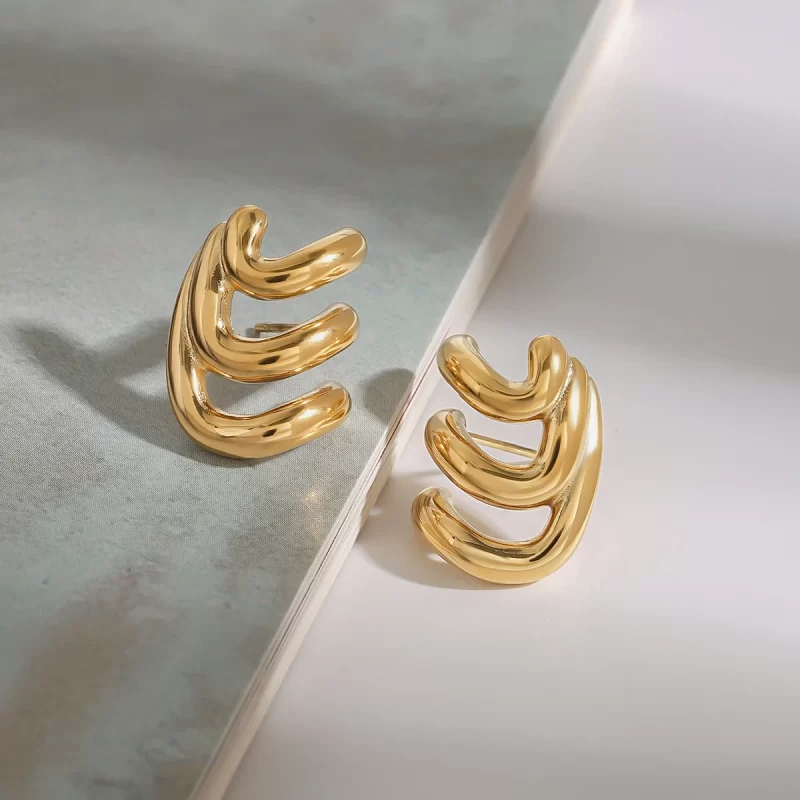 Ladies Modern Minimalist 18K Gold Stainless Steel Irregular Three-Layer Wave Earrings - Image 3