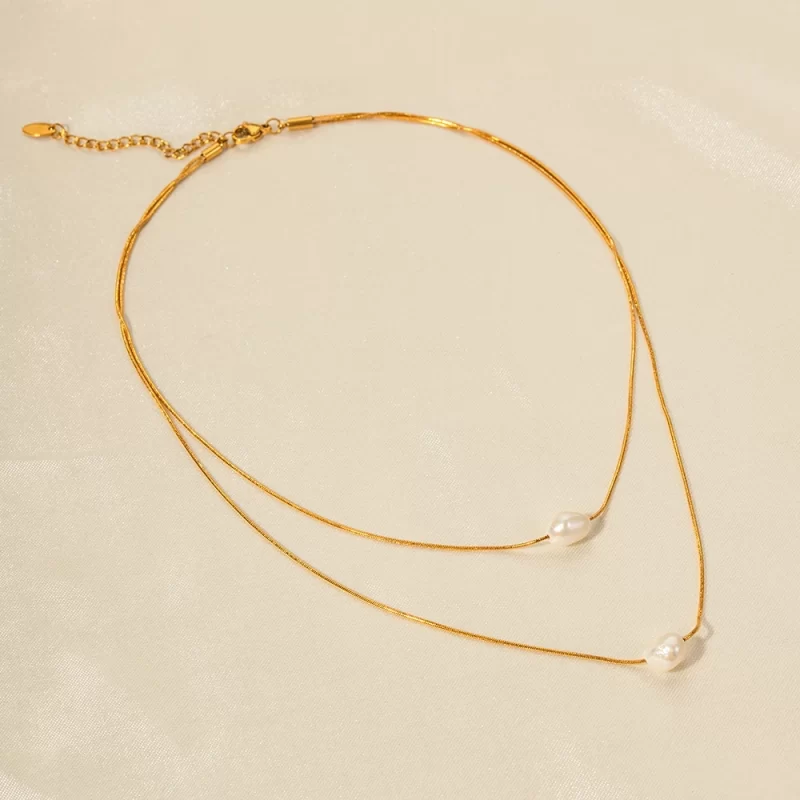 Elegant 18k Gold Plated Double Layered Freshwater Pearl Stainless Steel Pendant Necklace for Women - Image 3