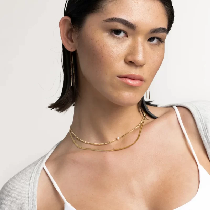 J&D Women 18K Gold Plated Stainless Steel Snake Bone Double Layer Chain Trendy Pearl Link Necklace - Image 3
