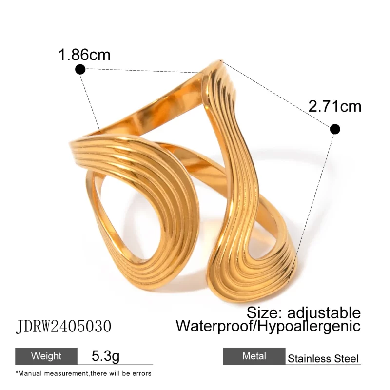 18k Gold Stainless Steel Polished Line Abstract Open Ring Modern Jewelry - Image 4
