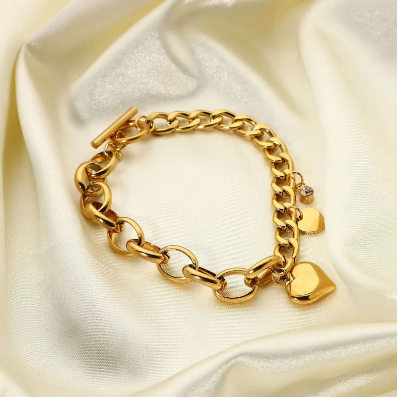 Steel Chunky Cuban Chain Bracelet Bangles With Sweet Zircon Heart Charm 18k Gold Plated OT Buckle Fashion Jewelry - Image 2