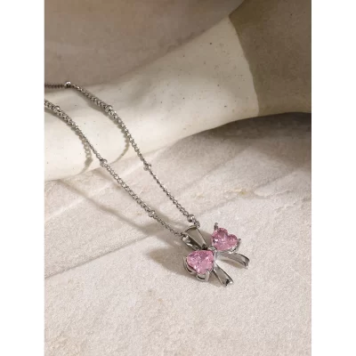 J&D 18K Gold Plated Stainless Steel Bow Knot White Cubic Zirconia Pendant Necklace, 40+5cm