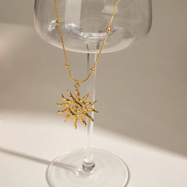 J&D 18k Gold Stainless Steel Spiral Sun Pendant Necklace 40+5cm - Image 4