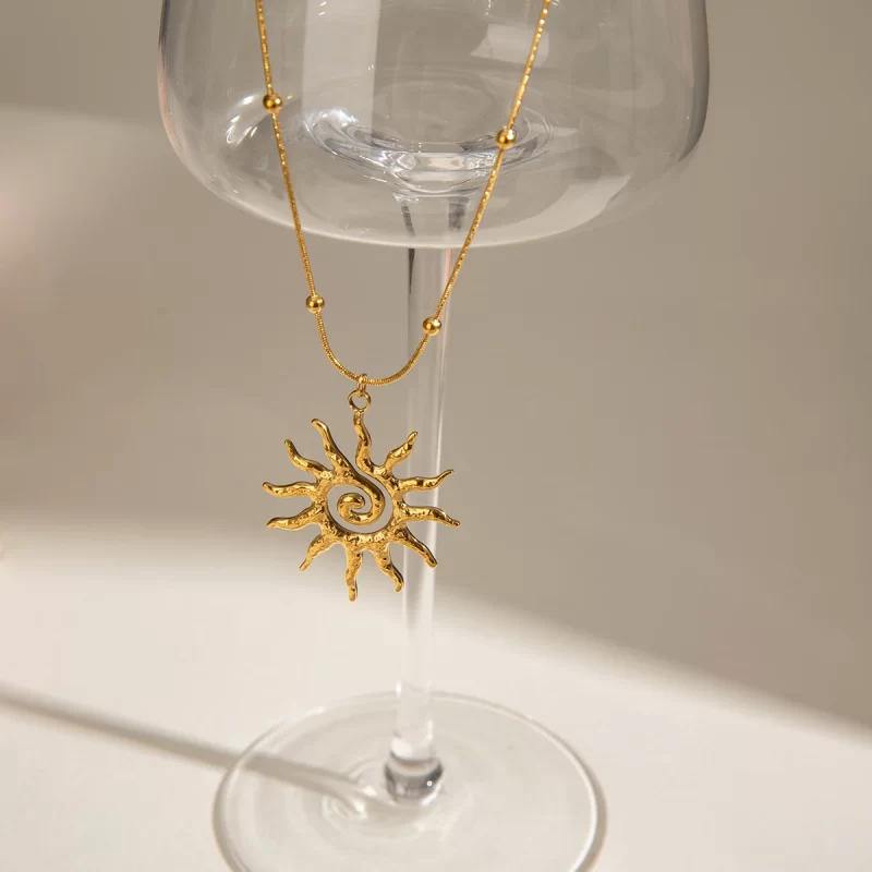 J&D 18k Gold Stainless Steel Spiral Sun Pendant Necklace 40+5cm - Image 4