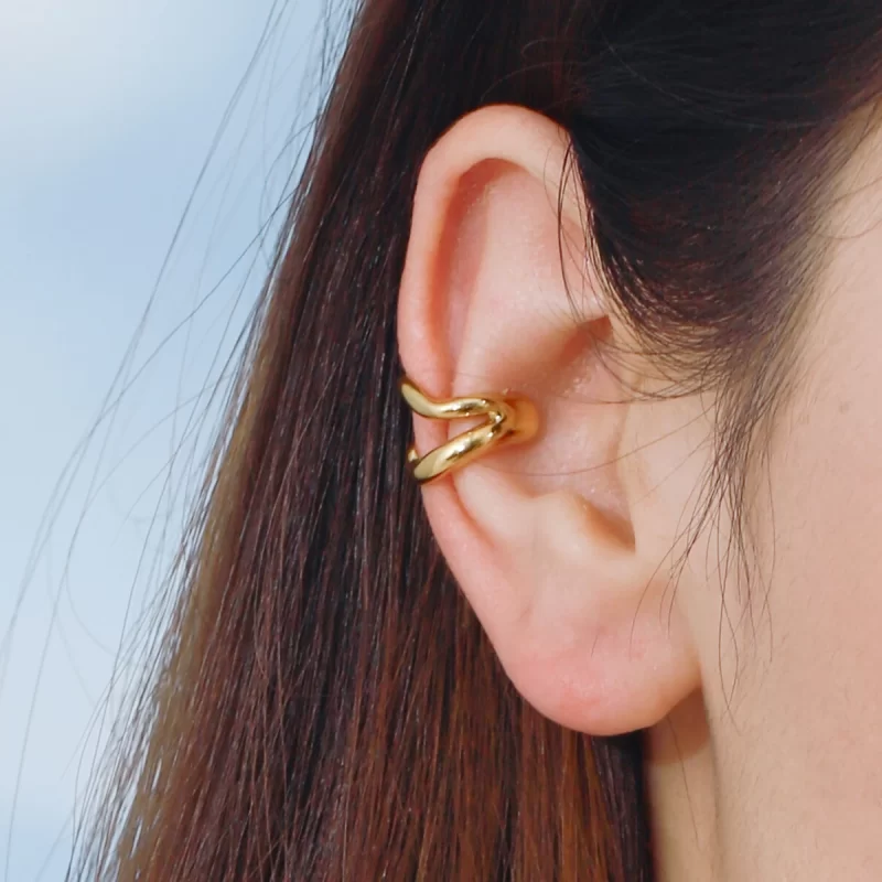 18K Gold Stainless Steel J&D 18K Gold Stainless Steel 2 Lines Smooth High Polished Minimalist Ear Cuff - Image 2