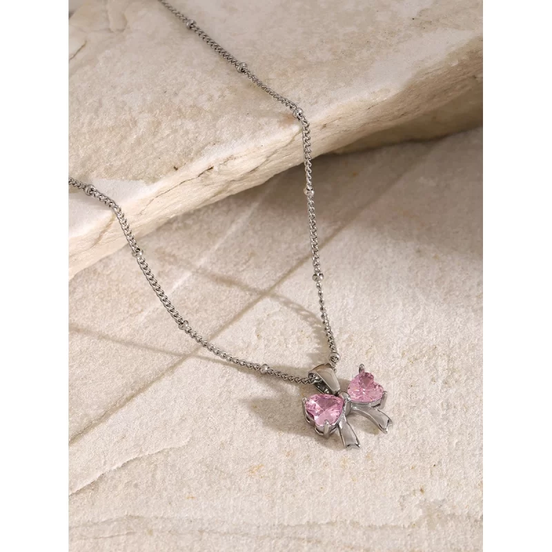J&D 18K Gold Plated Stainless Steel Bow Knot White Cubic Zirconia Pendant Necklace, 40+5cm - Image 3