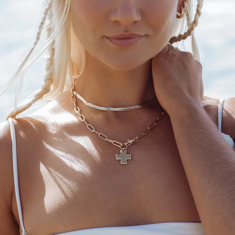 J&D 18k Gold Stainless Steel Jewelry Hammered Cross Pendant Necklace With Adjustable Ring Pearl Beads Chain Type Gold Plated - Image 3