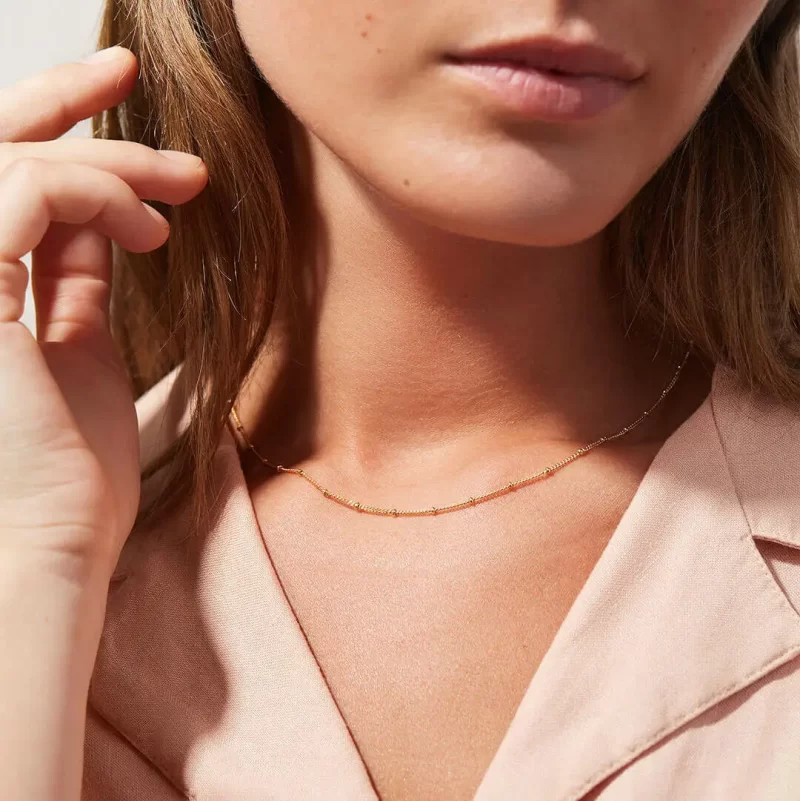 Dainty 18K Gold Plated Stainless Steel Thin Bead Chain Chokers Necklace Minimalist for Women - Image 2