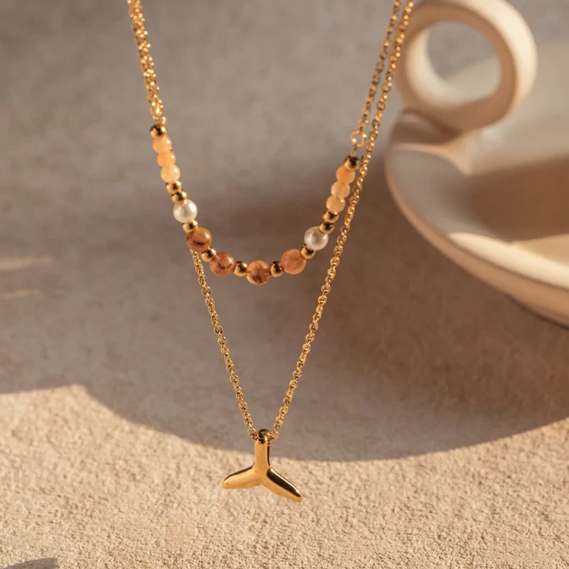 Natural Golden Stone Beaded Pendant Necklace 18K PVD Gold Plated Stainless Steel Double Fishtail Necklace for Women