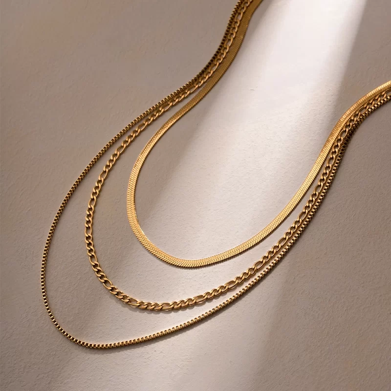 J&D Fashion Jewelry Women Necklaces Herringbone 18K Gold Plated Flat Chain Snake Layered Necklace