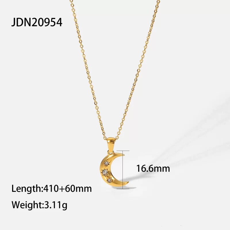 Retro Style Stainless Steel 18K Gold Plated Female Jewelry Gift Three Tiny Zircon Inlaid Moon Pendant Necklace - Image 6