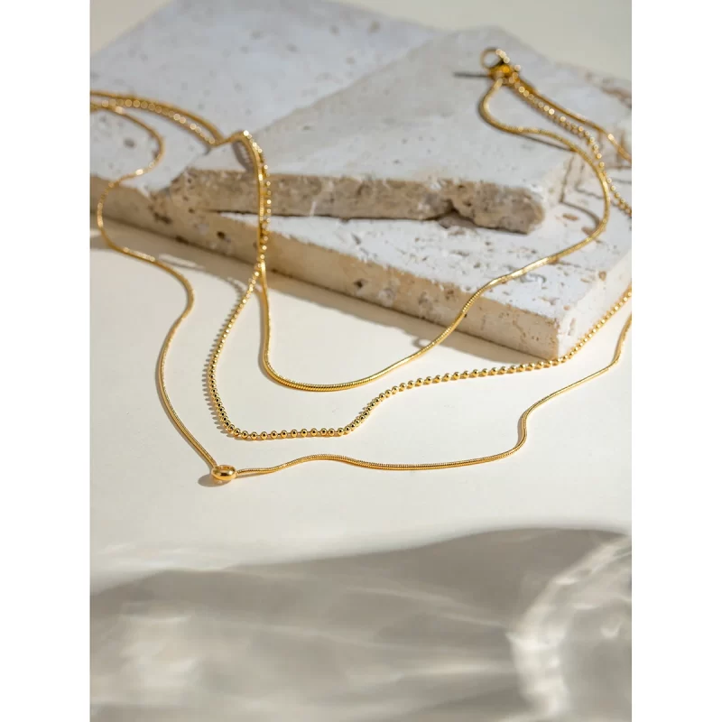 J&D 18K Gold Plated Stainless Steel Three-layer Necklace with a Round White Cubic Zirconia Pendant, 35/40/45+5cm - Image 5