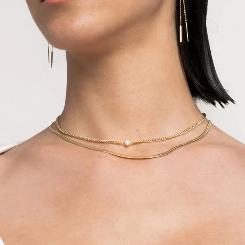 J&D Women 18K Gold Plated Stainless Steel Snake Bone Double Layer Chain Trendy Pearl Link Necklace - Image 2