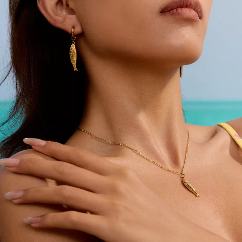 18K Gold Plated Stainless Steel Hoop Earrings Ocean Fish Drop Design Waterproof Geometric Pattern for Holiday Beach - Image 2