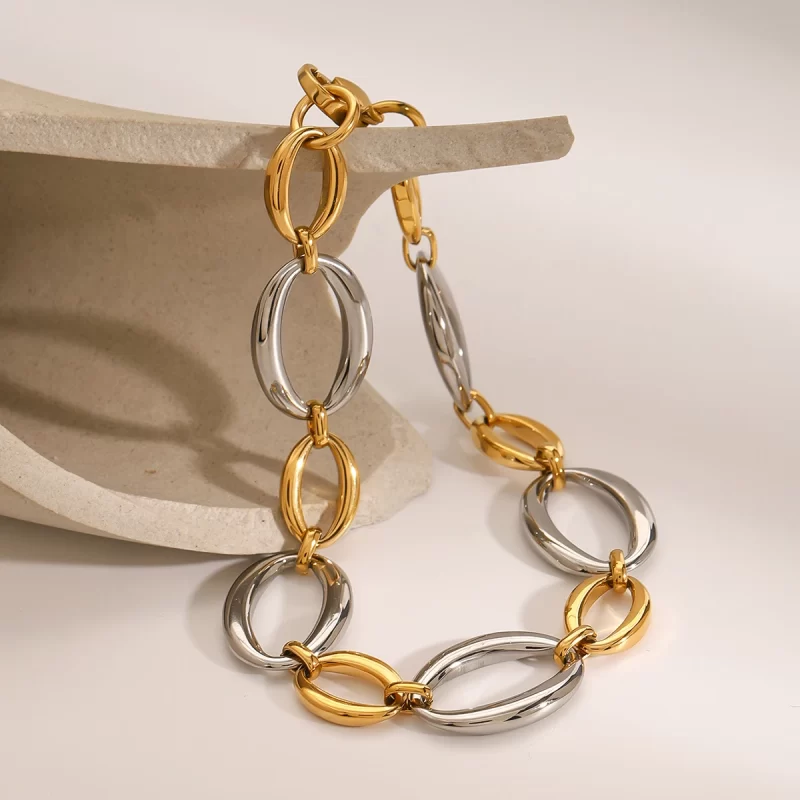 Steel Color Stainless Steel Gold and Silver Color Combination O-shaped Bracelet 22cm - Image 4