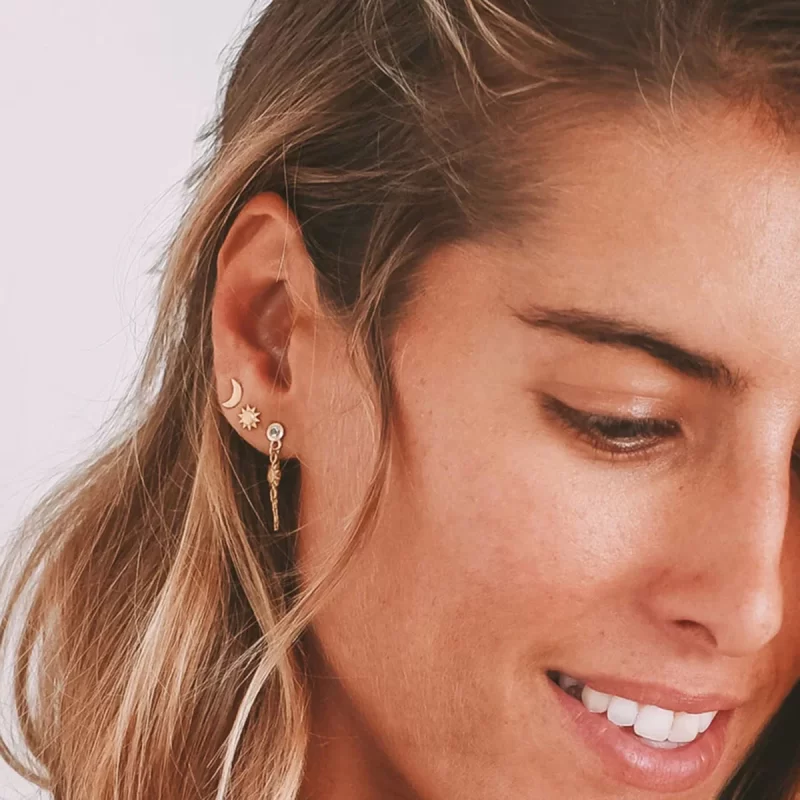Unique 18K Gold Stainless Steel Star & Moon Earrings with White Zircon for Women AB Style Pair - Image 2