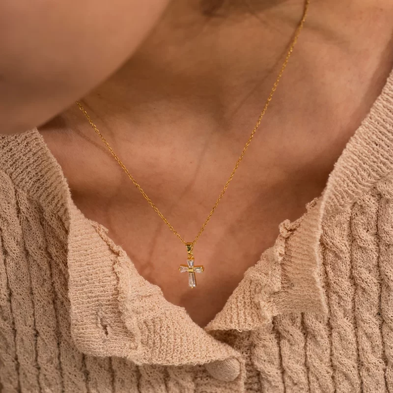 Vintage 18K Gold Plated Clear Cross Zircon Necklace Geometric Cubic Zirconia Crossed Pendant Necklace - Image 2