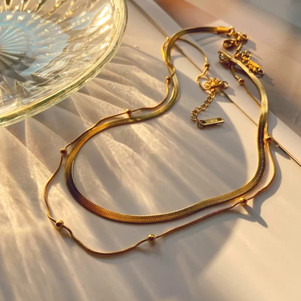 J&D New Stainless Steel 14K Gold Plated Chain Double Layer Round Beads Necklace Fashion Women Jewelry - Image 3