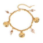 Ladies Vacation Style 18k Gold Stainless Steel Ocean Style Conch Ribbed Shell Pendant Bracelet