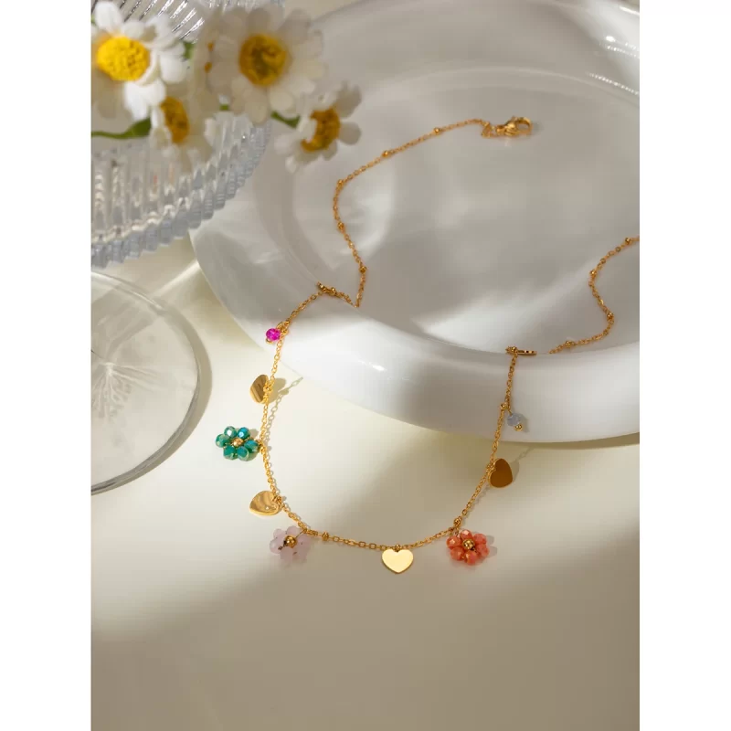 J&D Stainless Steel Chain Colorful Summer Glass Beads Flower Heart Charms Dainty Necklace for Girls - Image 3