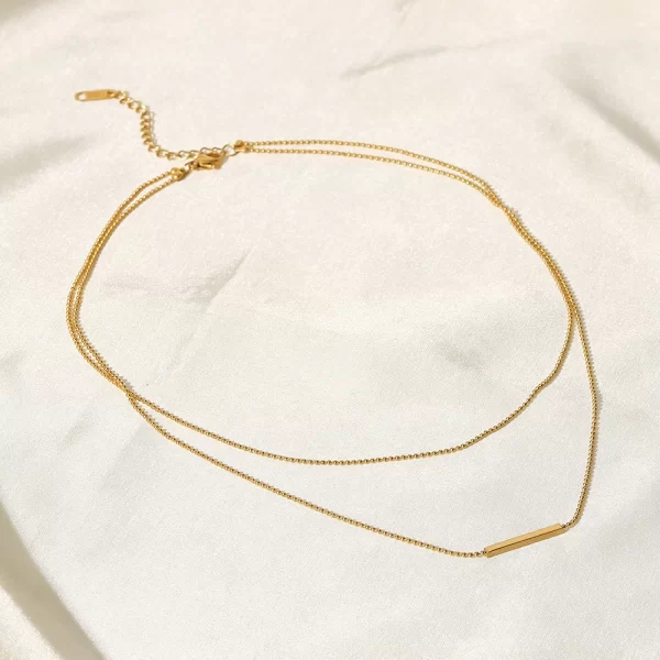 Waterproof T-bar Pendant Double Layer Bar Necklace Stainless Steel Bead Chain Layer Necklace for Women - Image 5