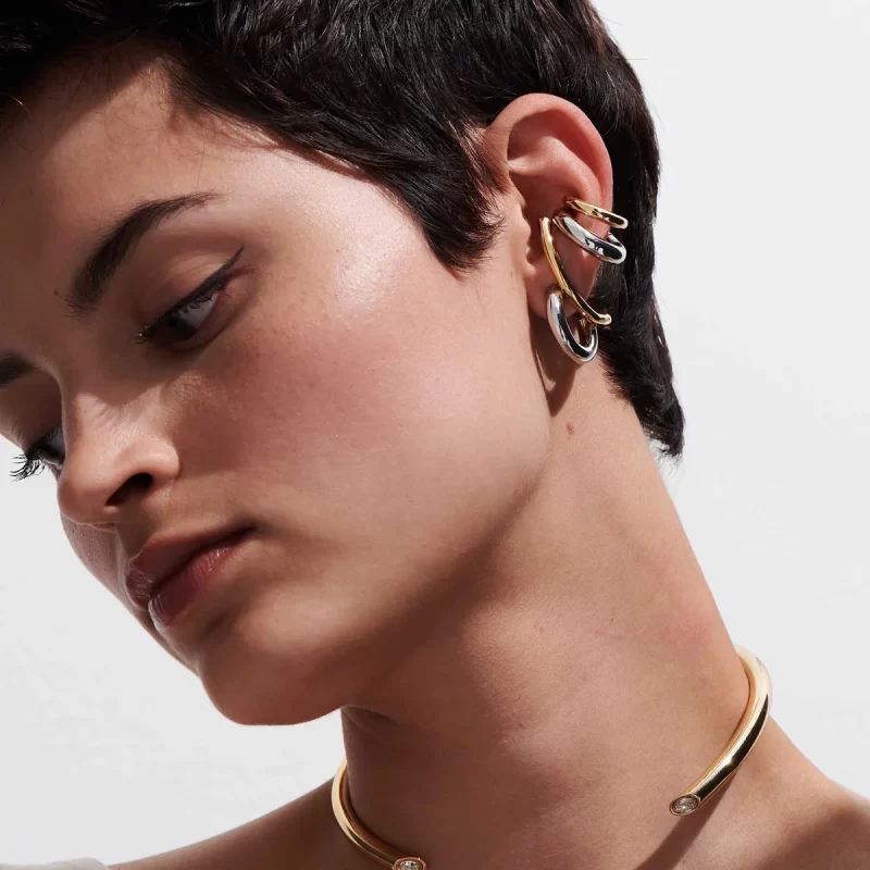 Fashion Modern Minimalist 18K Gold Plated Waterproof Stainless Steel Stud Earrings Two Tone Geometric Liner Design - Image 2