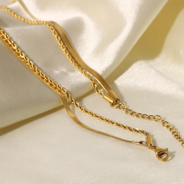 J&D Jewelry Waterproof 18K PVD Gold Plating Also Silver Colorway Two Layers Rope Flat Snake Chain Necklace - Image 4