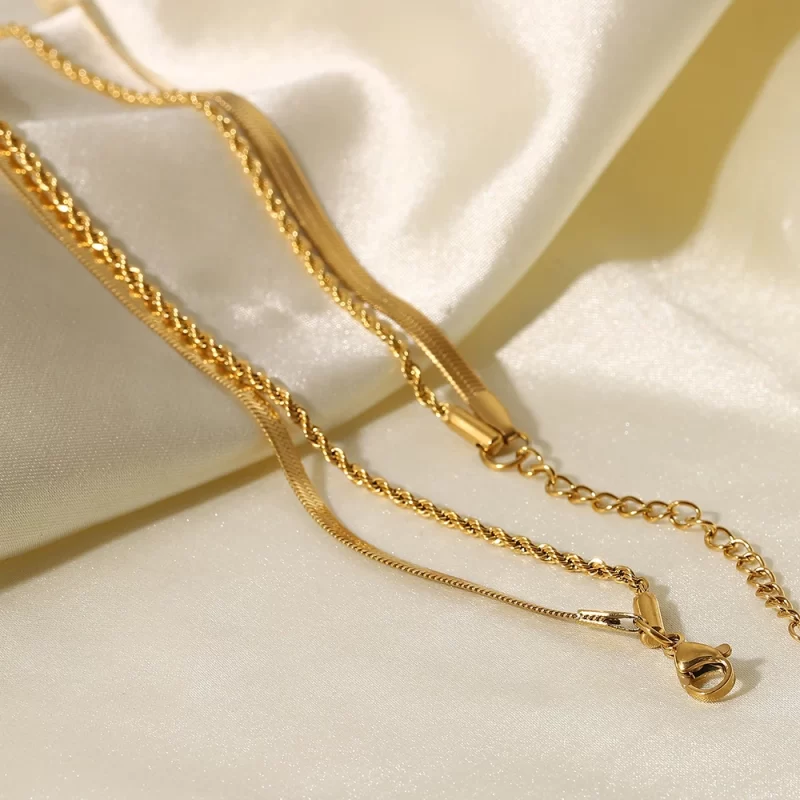 J&D Jewelry Waterproof 18K PVD Gold Plating Also Silver Colorway Two Layers Rope Flat Snake Chain Necklace - Image 4