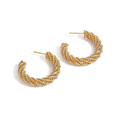 Modern Twisted Rope Hoop Earrings Minimalist C-Shaped Bead Design Two-Tone Stainless Steel Hoop Earrings