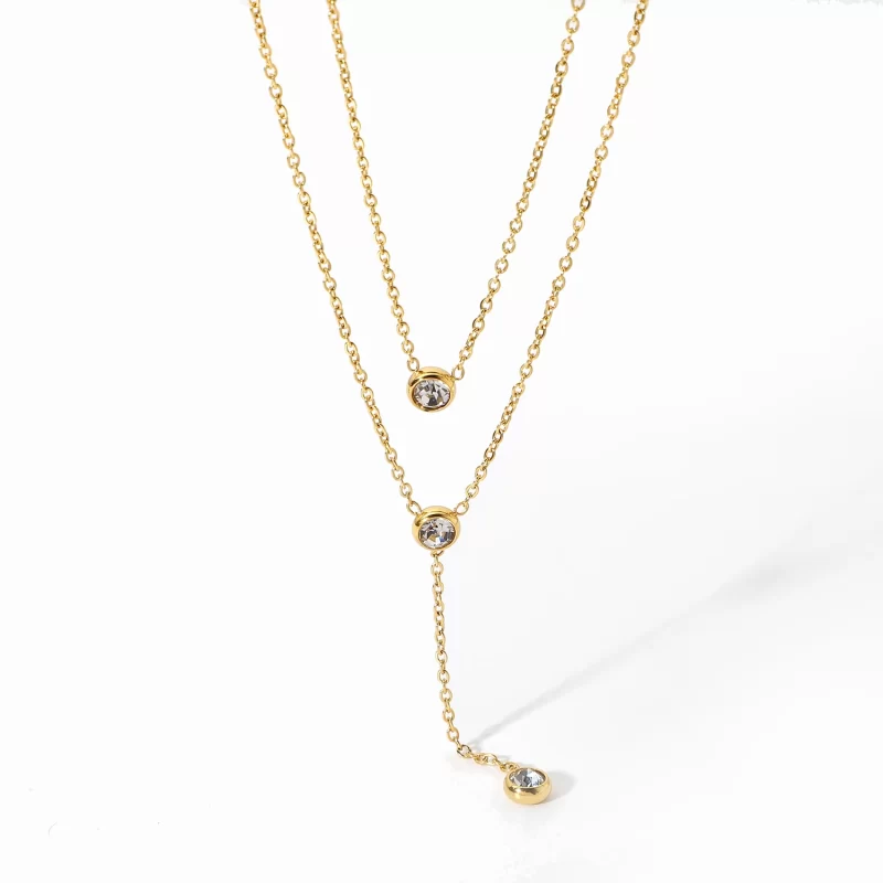18K Gold Stainless Steel Y Shaped Dainty Chain Double Layer Shiny Cubic Zirconia Lariat Necklaces - Image 2