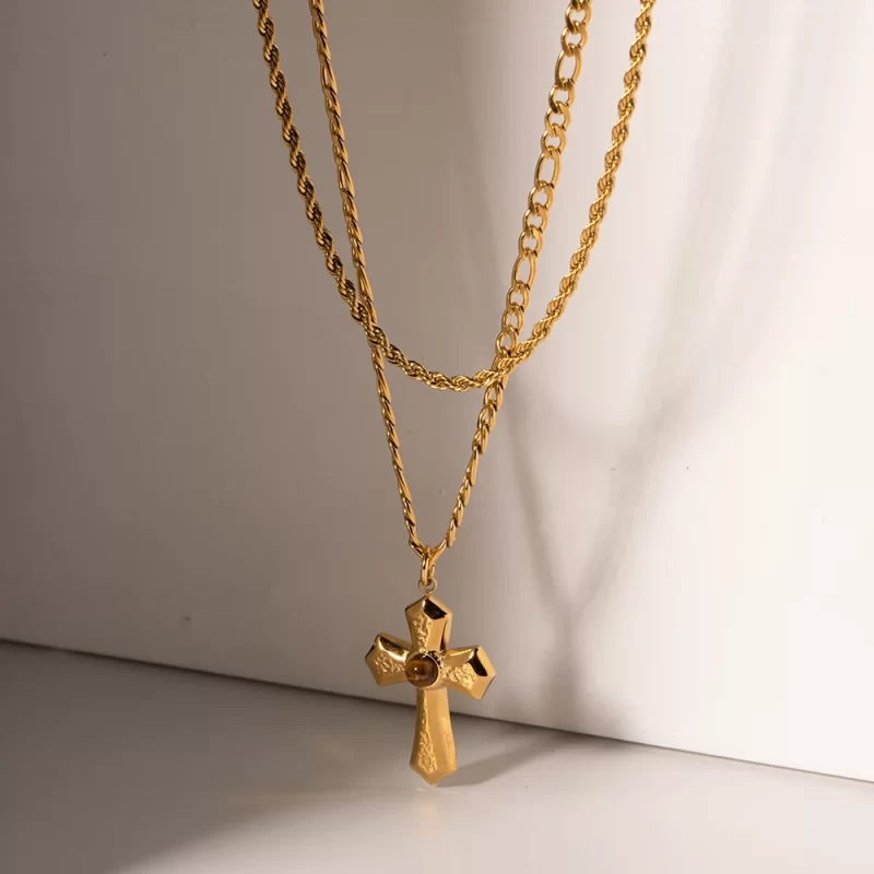 J&D Waterproof 18k Gold Plated Stainless Steel Jewelry Gift Charm Cross Texture Layered Hammer Pendant Necklace for Women - Image 2