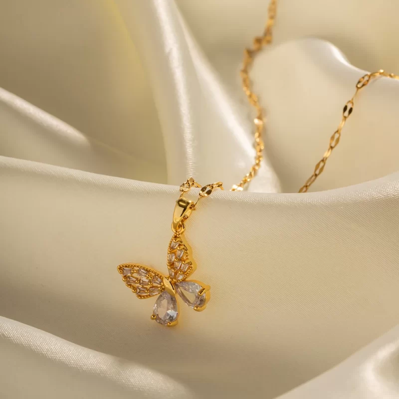 Fashion Jewelry 18K Gold Plated Stainless Steel Clear Cubic Zircon Paved Butterfly Pendant Necklace - Image 5